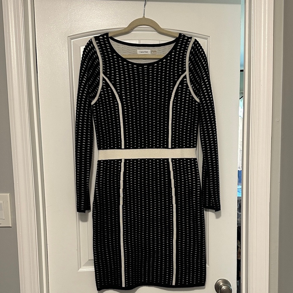 Calvin Klein Black and Cream Long Sleeve Dress